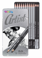 Colorino Artist kreslířská sada grafitových tužek a uhlů, kulaté, kovový box
